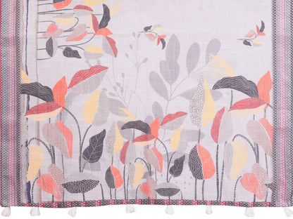Light Grey Linen Cotton Floral Print Saree with Blue Border for Women