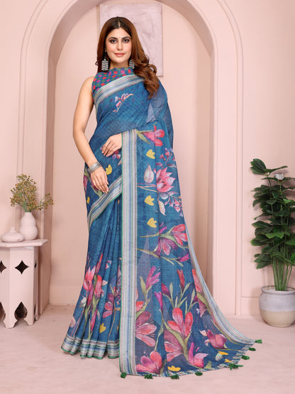 Blue Linen Cotton Floral Print Saree with a Contrast Border for Women