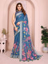 Blue Linen Cotton Floral Print Saree with a Contrast Border for Women