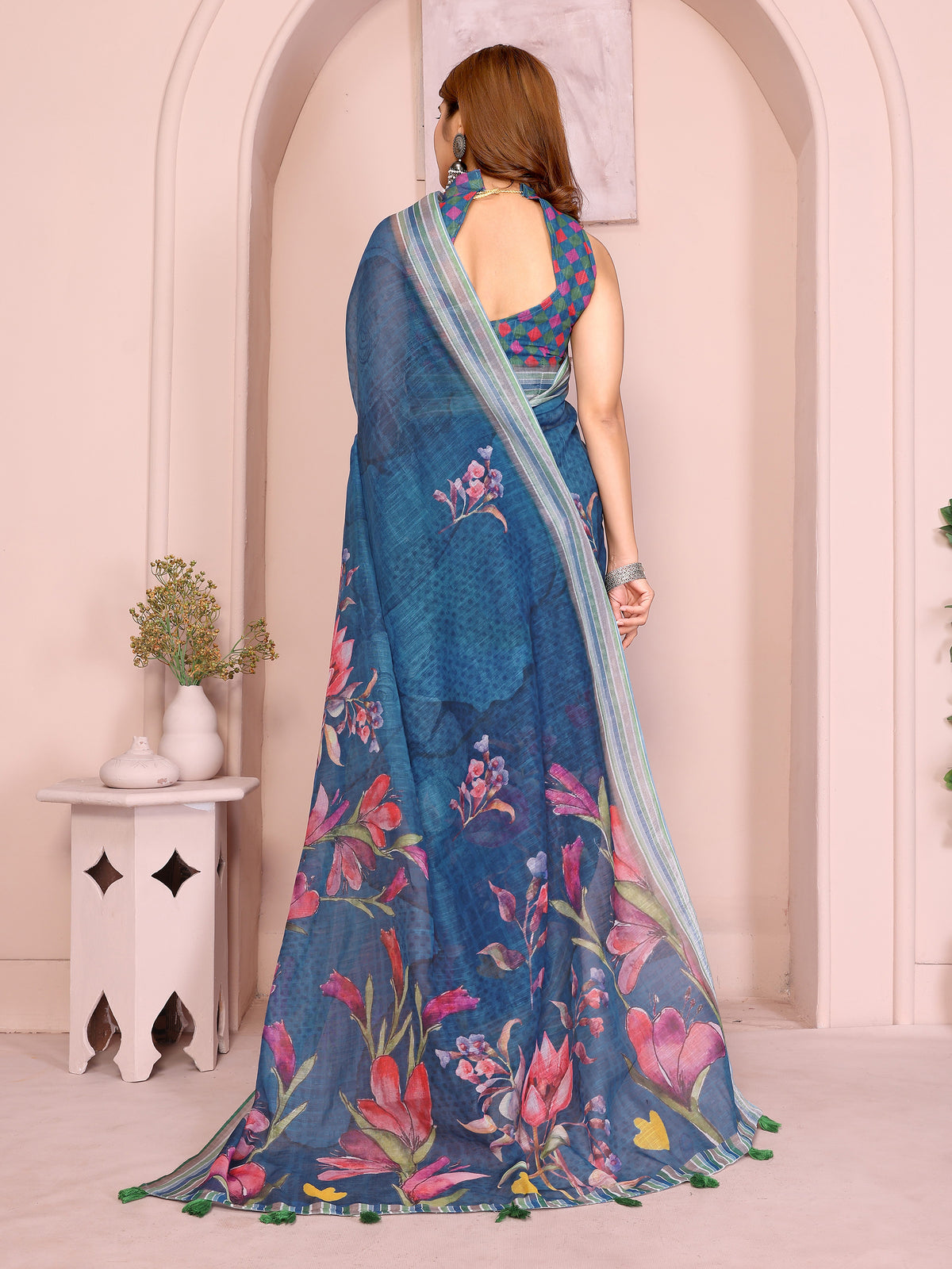Blue Linen Cotton Floral Print Saree with a Contrast Border for Women