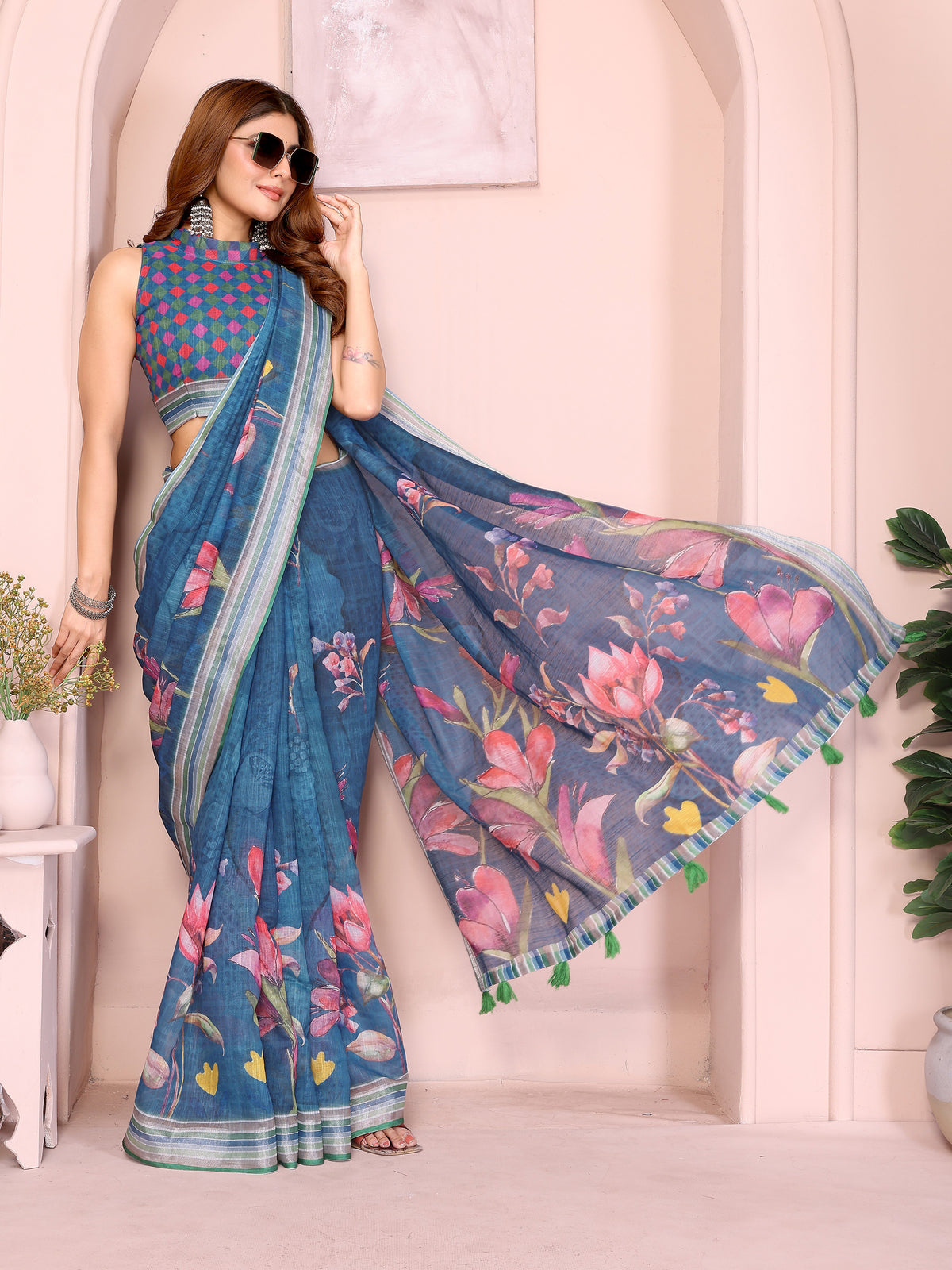 Blue Linen Cotton Floral Print Saree with a Contrast Border for Women