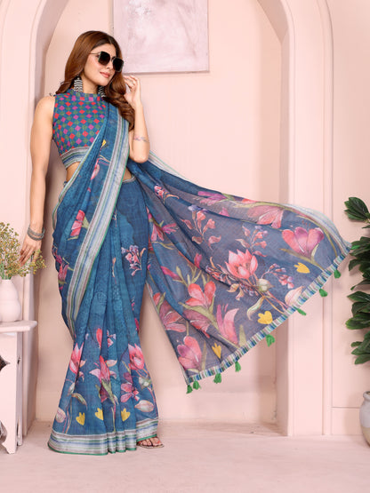 Blue Linen Cotton Floral Print Saree with a Contrast Border for Women