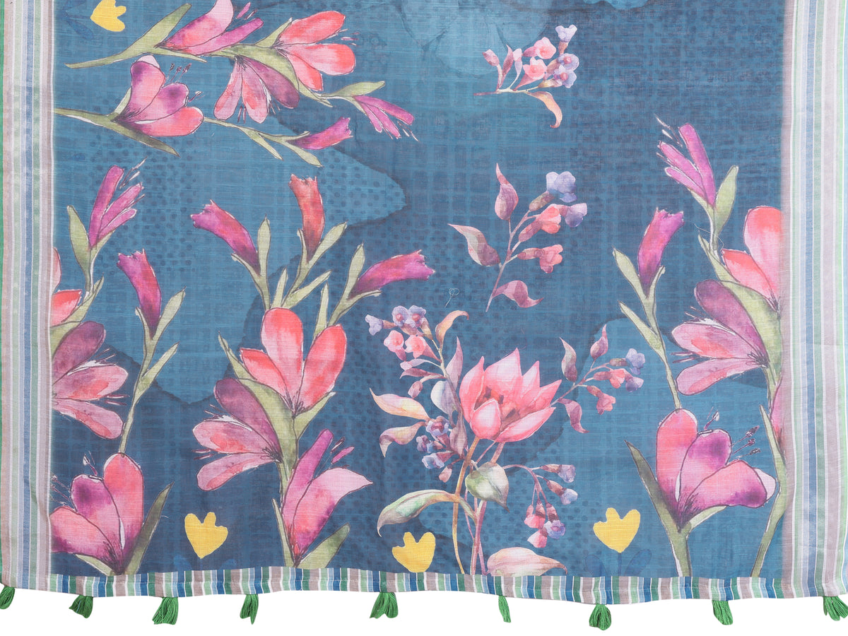 Blue Linen Cotton Floral Print Saree with a Contrast Border for Women