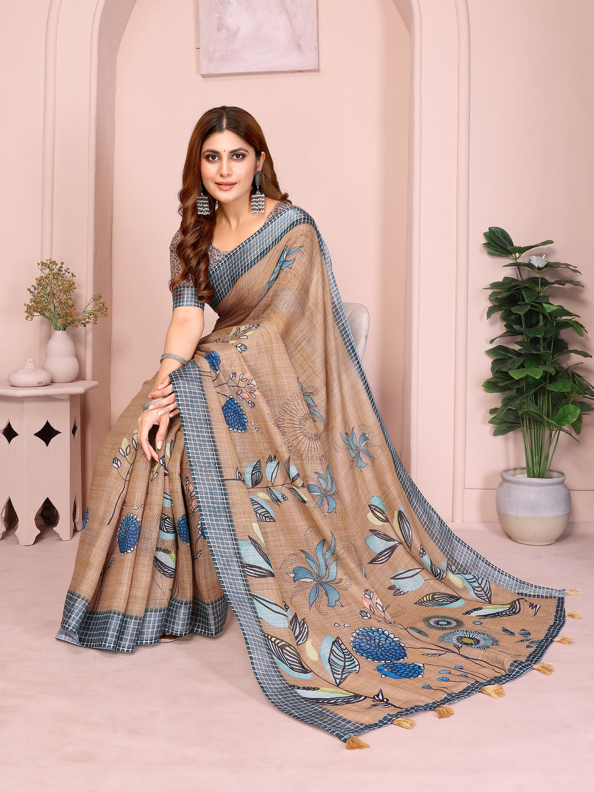 Beige Linen Cotton Floral Saree with Blue Contrast Borders for Women