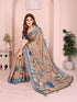 Beige Linen Cotton Floral Saree with Blue Contrast Borders for Women