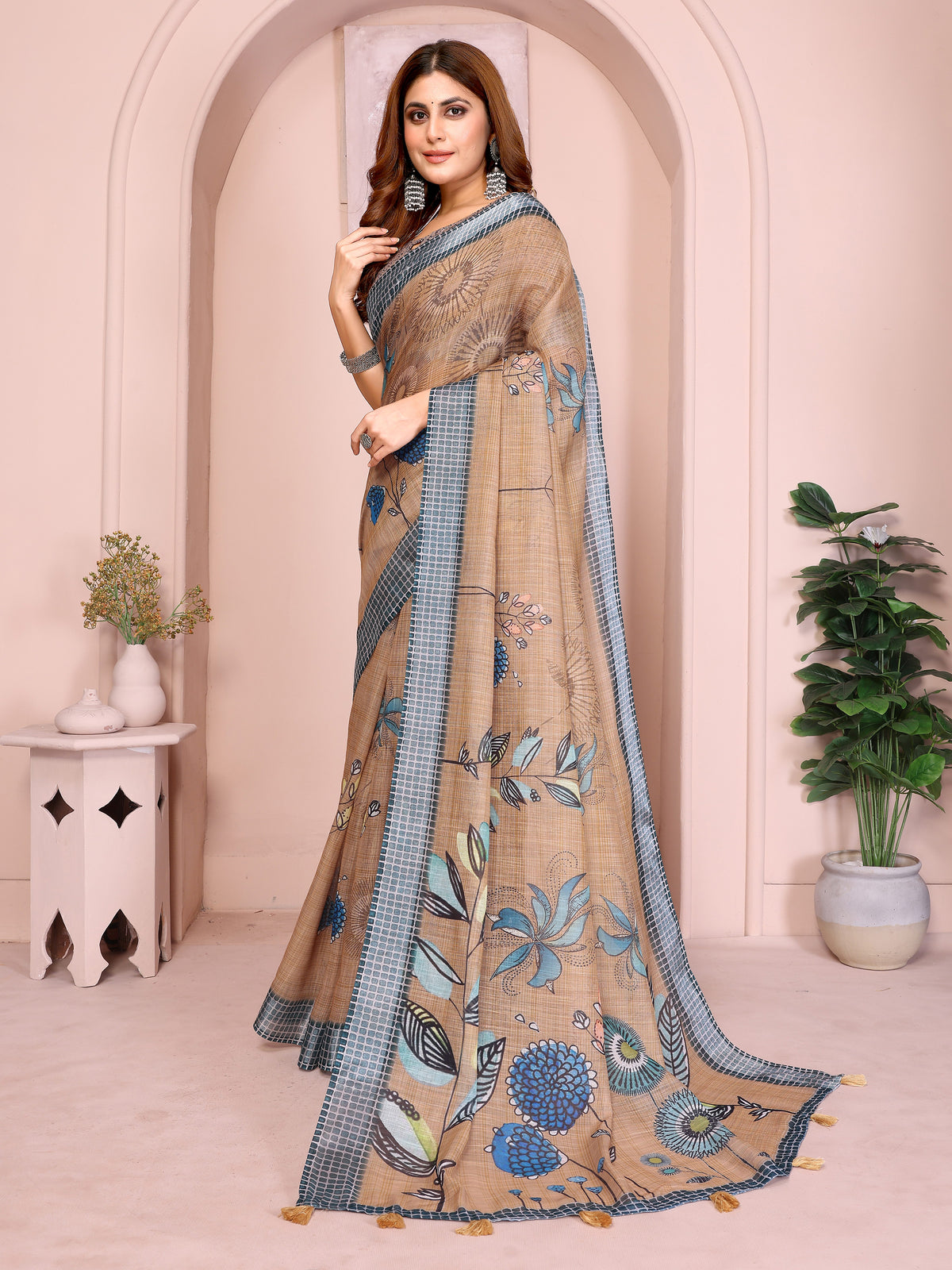 Beige Linen Cotton Floral Saree with Blue Contrast Borders for Women