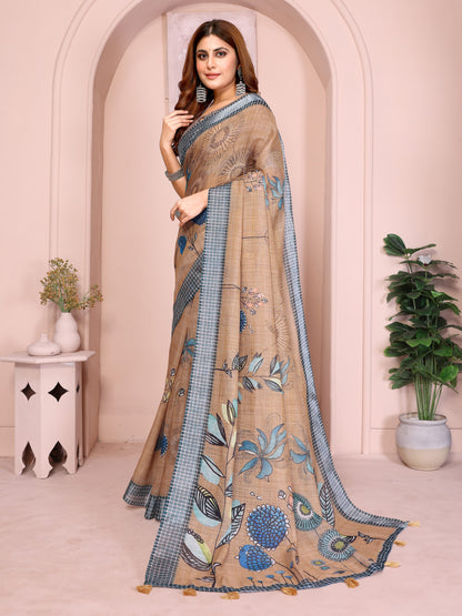 Beige Linen Cotton Floral Saree with Blue Contrast Borders for Women