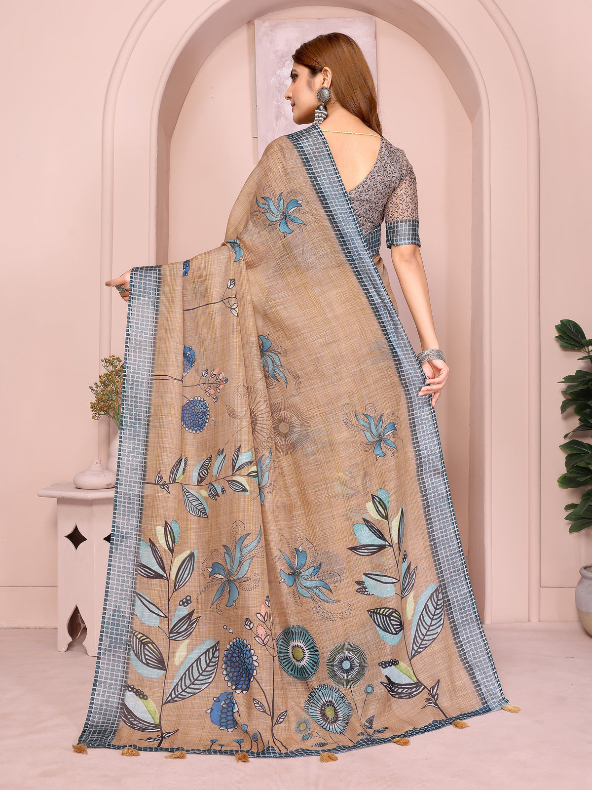 Beige Linen Cotton Floral Saree with Blue Contrast Borders for Women