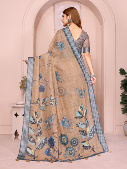 Beige Linen Cotton Floral Saree with Blue Contrast Borders for Women