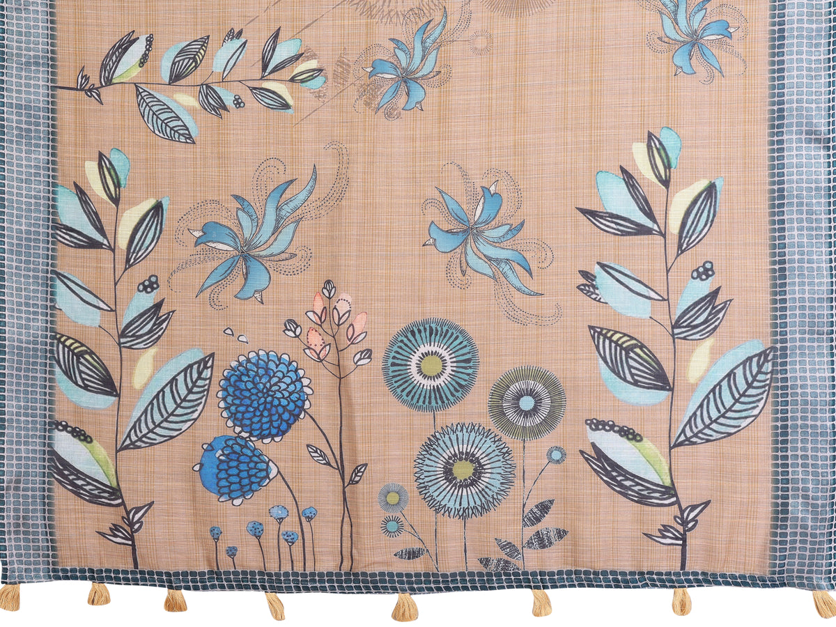 Beige Linen Cotton Floral Saree with Blue Contrast Borders for Women