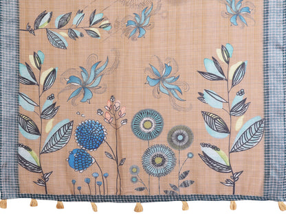 Beige Linen Cotton Floral Saree with Blue Contrast Borders for Women
