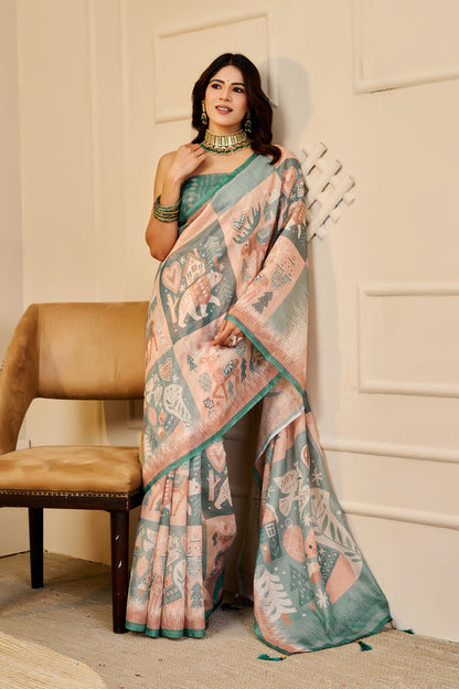 Peach Green Tissue Cotton Saree With Print Blouse Piece for Women