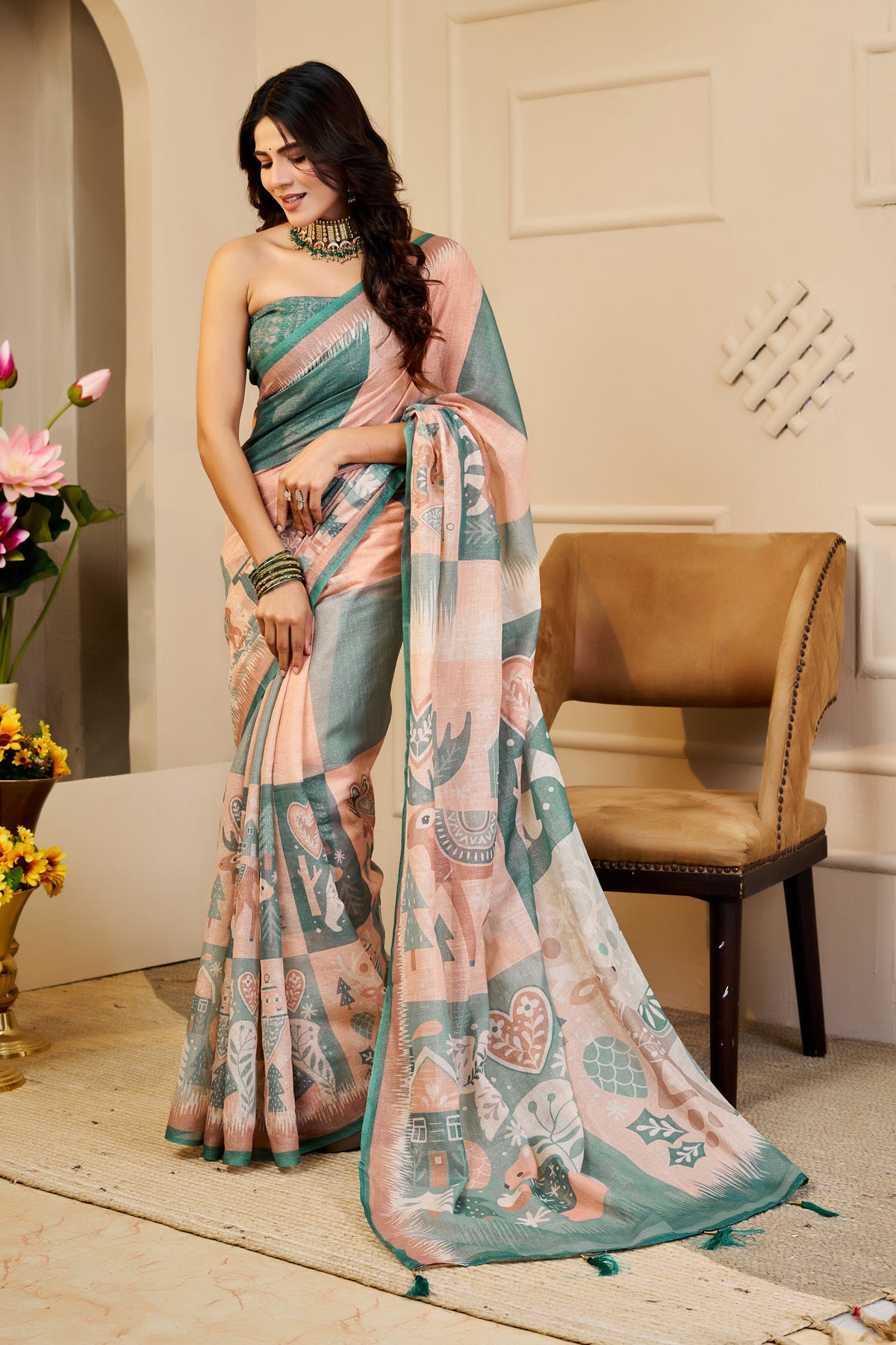 Peach Green Tissue Cotton Saree With Print Blouse Piece for Women