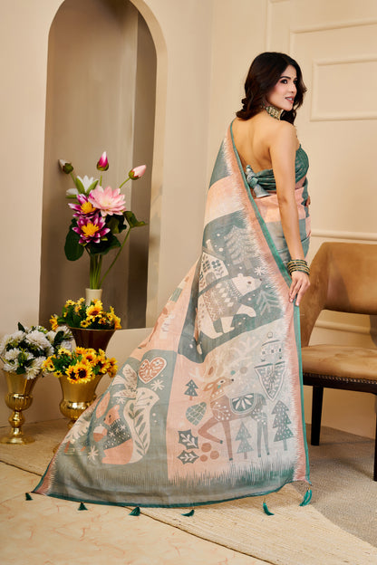 Peach Green Tissue Cotton Saree With Print Blouse Piece for Women