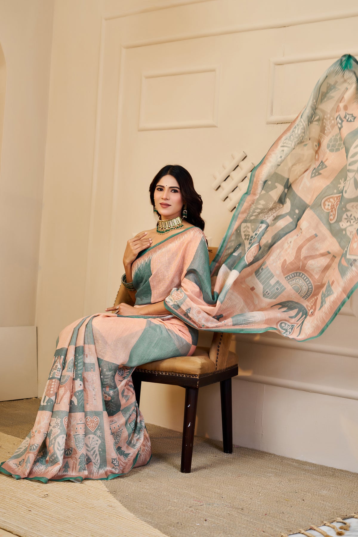 Peach Green Tissue Cotton Saree With Print Blouse Piece for Women