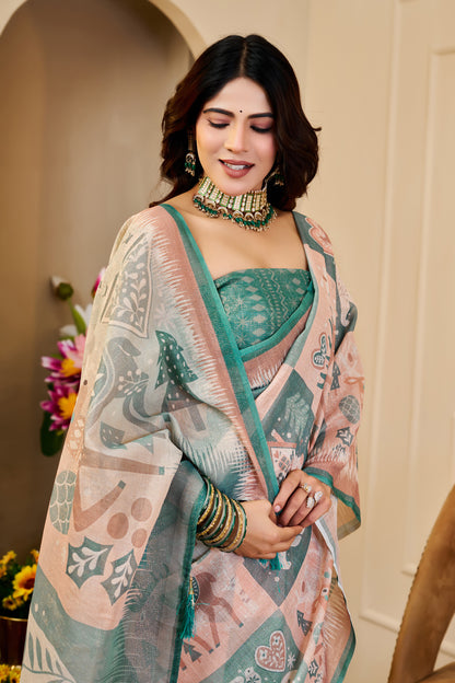 Peach Green Tissue Cotton Saree With Print Blouse Piece for Women