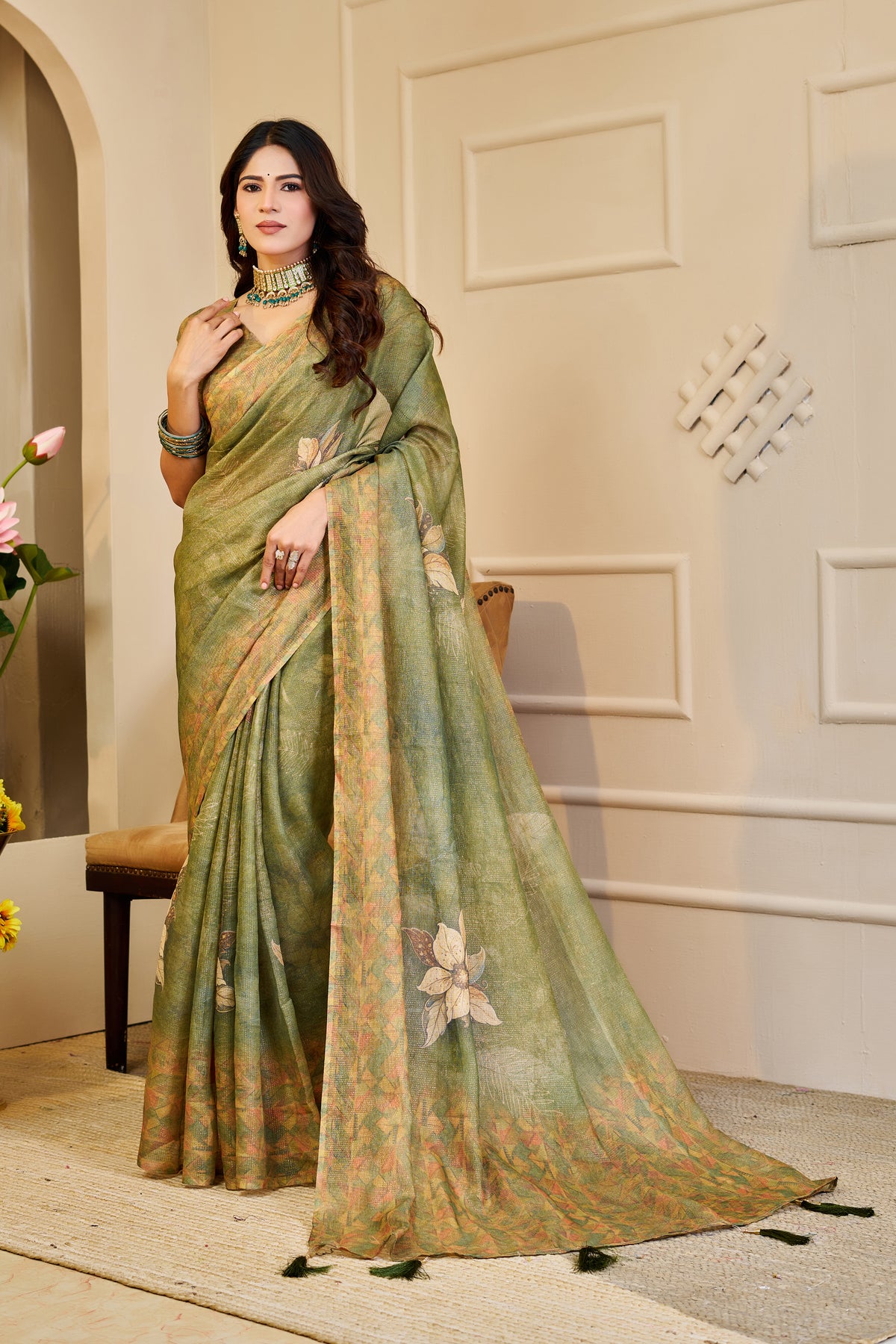 Olive Green Tissue Handloom Cotton Saree With Floral Prints for Women
