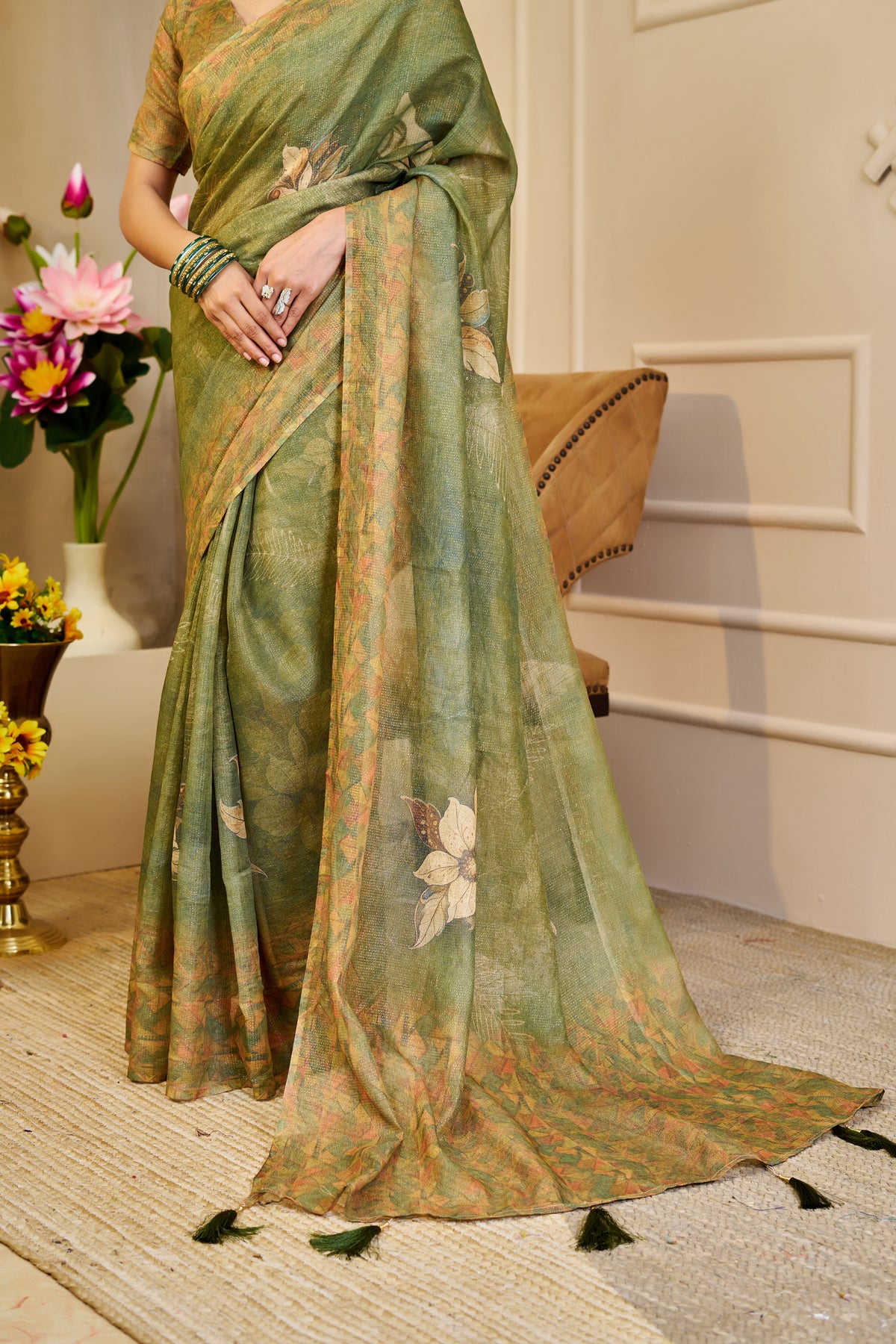 Olive Green Tissue Handloom Cotton Saree With Floral Prints for Women