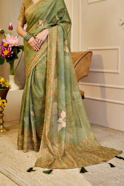 Olive Green Tissue Handloom Cotton Saree With Floral Prints for Women