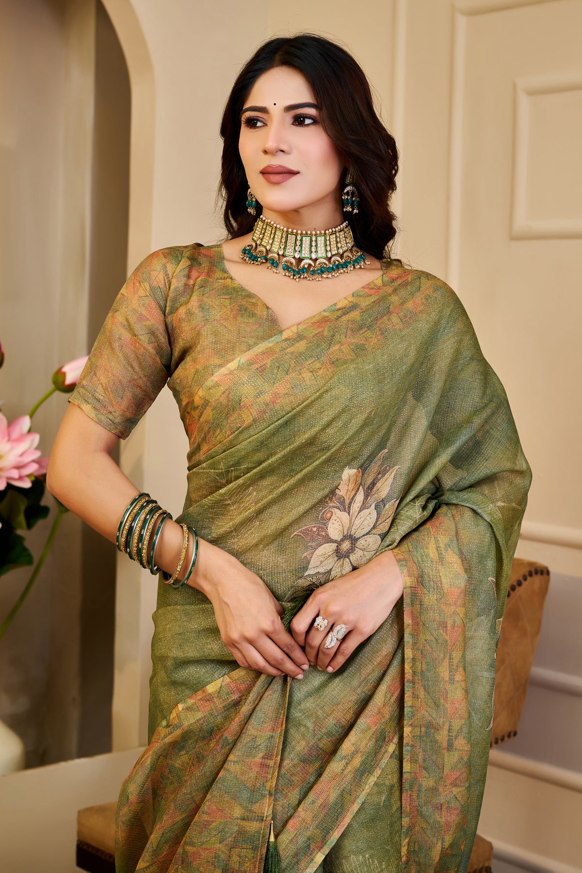 Olive Green Tissue Handloom Cotton Saree With Floral Prints for Women