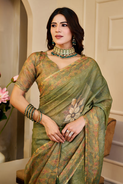 Olive Green Tissue Handloom Cotton Saree With Floral Prints for Women