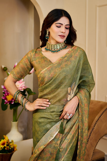 Olive Green Tissue Handloom Cotton Saree With Floral Prints for Women