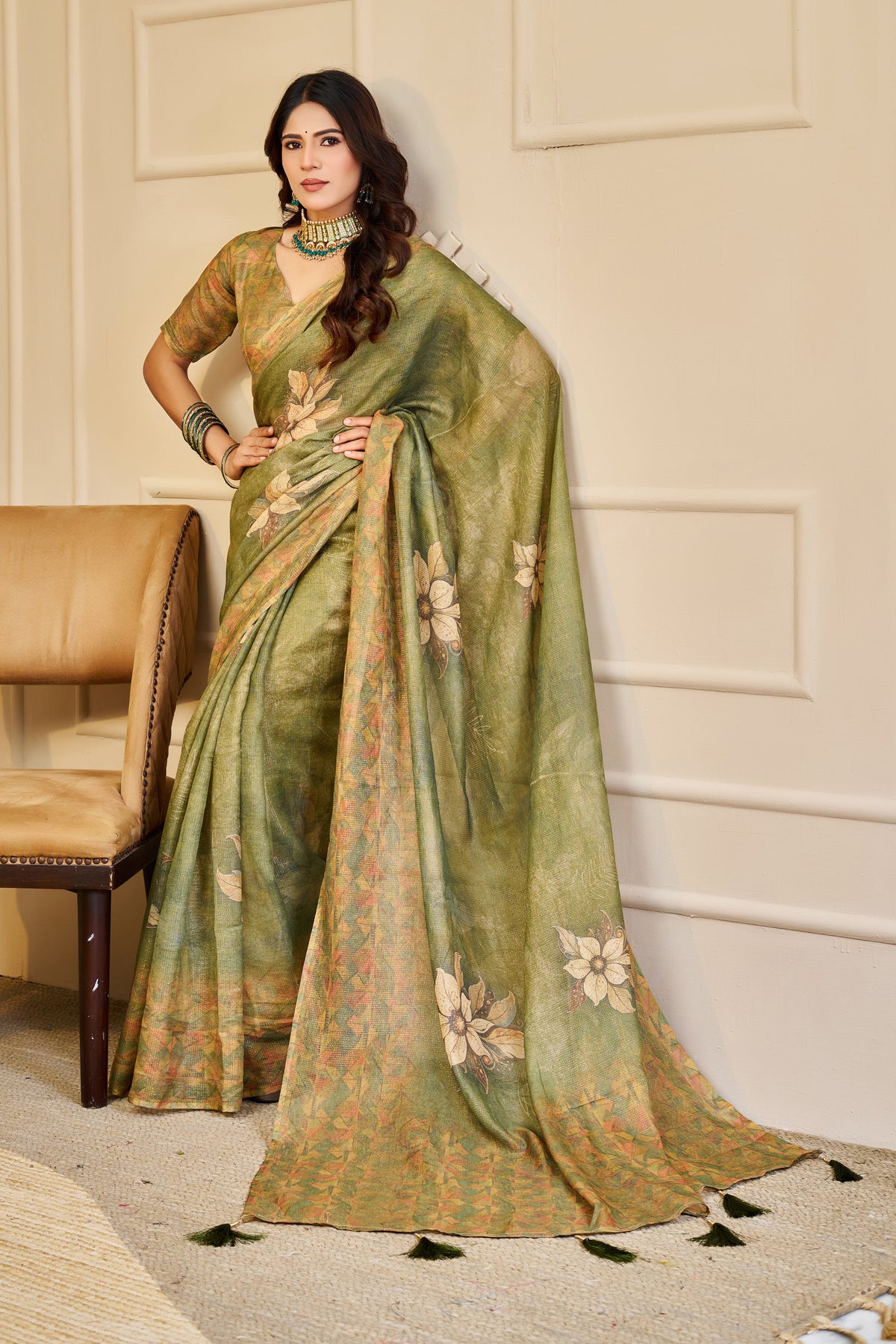 Olive Green Tissue Handloom Cotton Saree With Floral Prints for Women