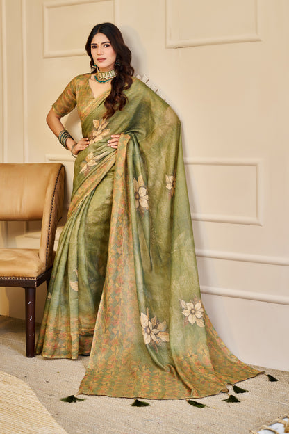 Olive Green Tissue Handloom Cotton Saree With Floral Prints for Women