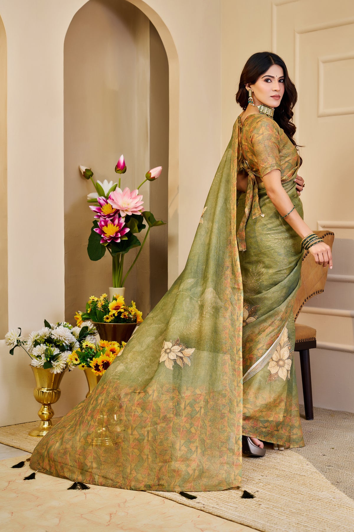 Olive Green Tissue Handloom Cotton Saree With Floral Prints for Women