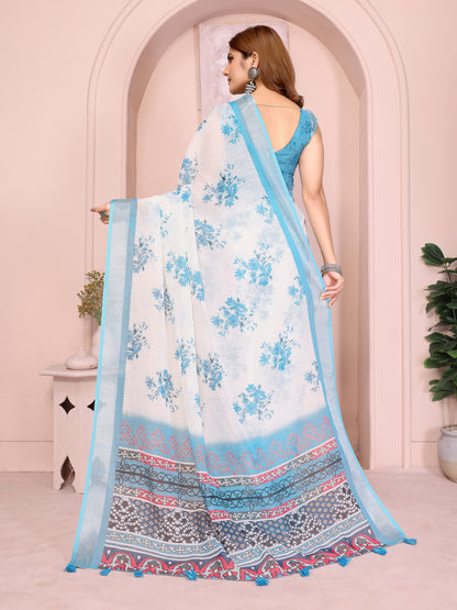 Cream &amp; Blue Floral Linen Cotton Saree with Contrast Border 2