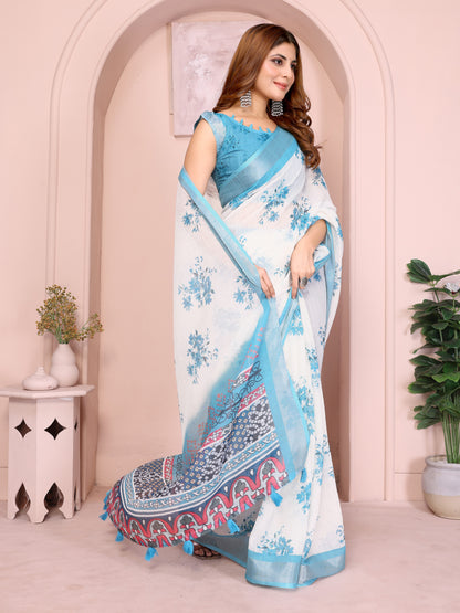 Cream &amp; Blue Floral Linen Cotton Saree with Contrast Border 2