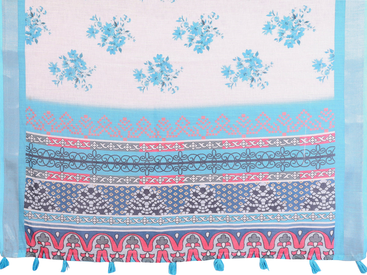 Cream &amp; Blue Floral Linen Cotton Saree with Contrast Border 2