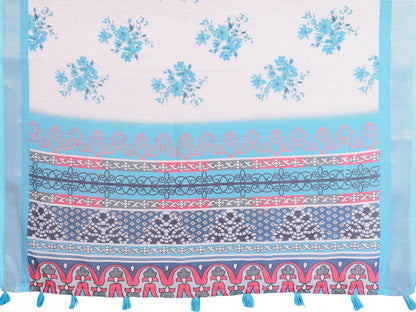 Cream &amp; Blue Floral Linen Cotton Saree with Contrast Border 2