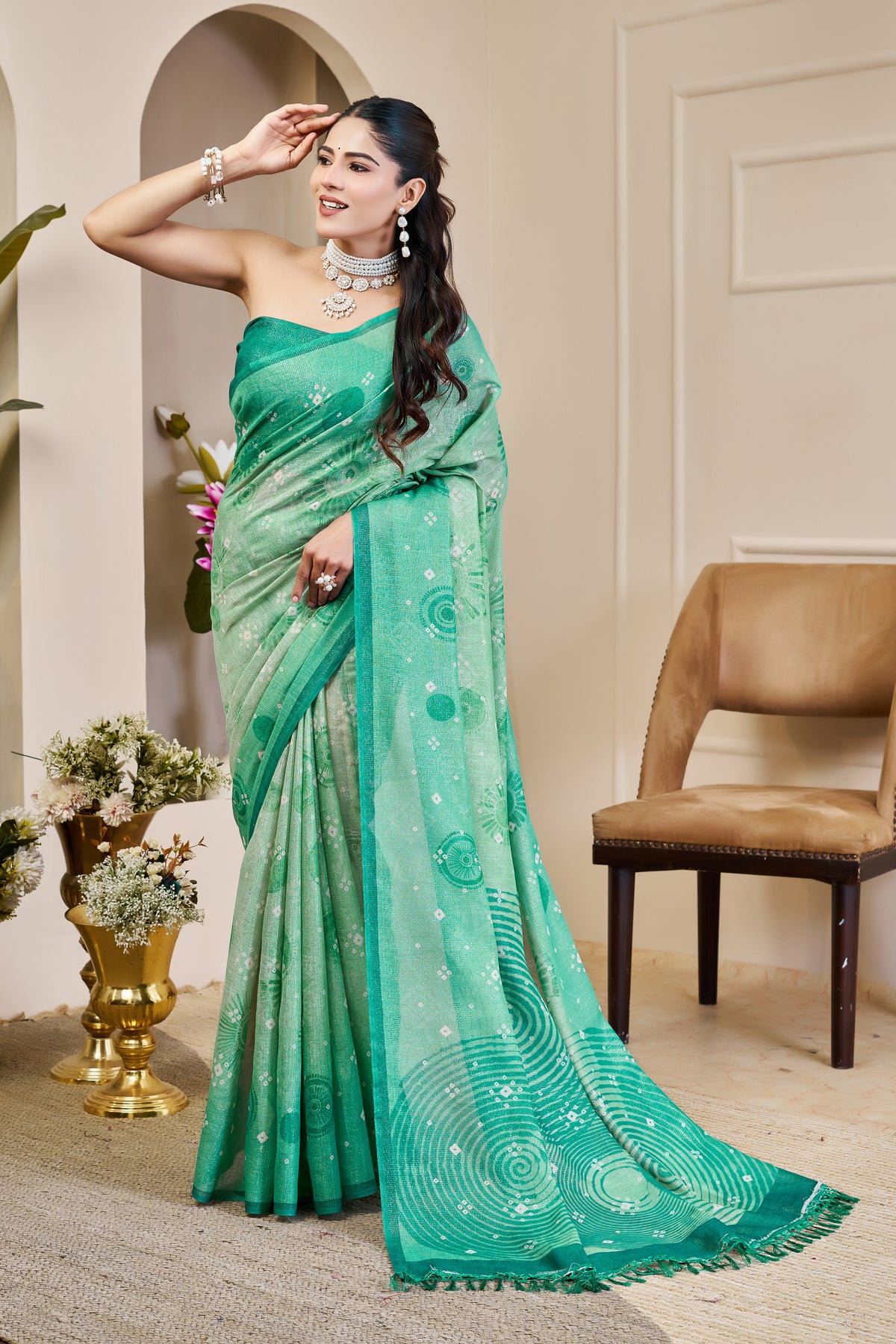 Sea Green Tissue Handloom Cotton Saree With Floral Patterns for Women