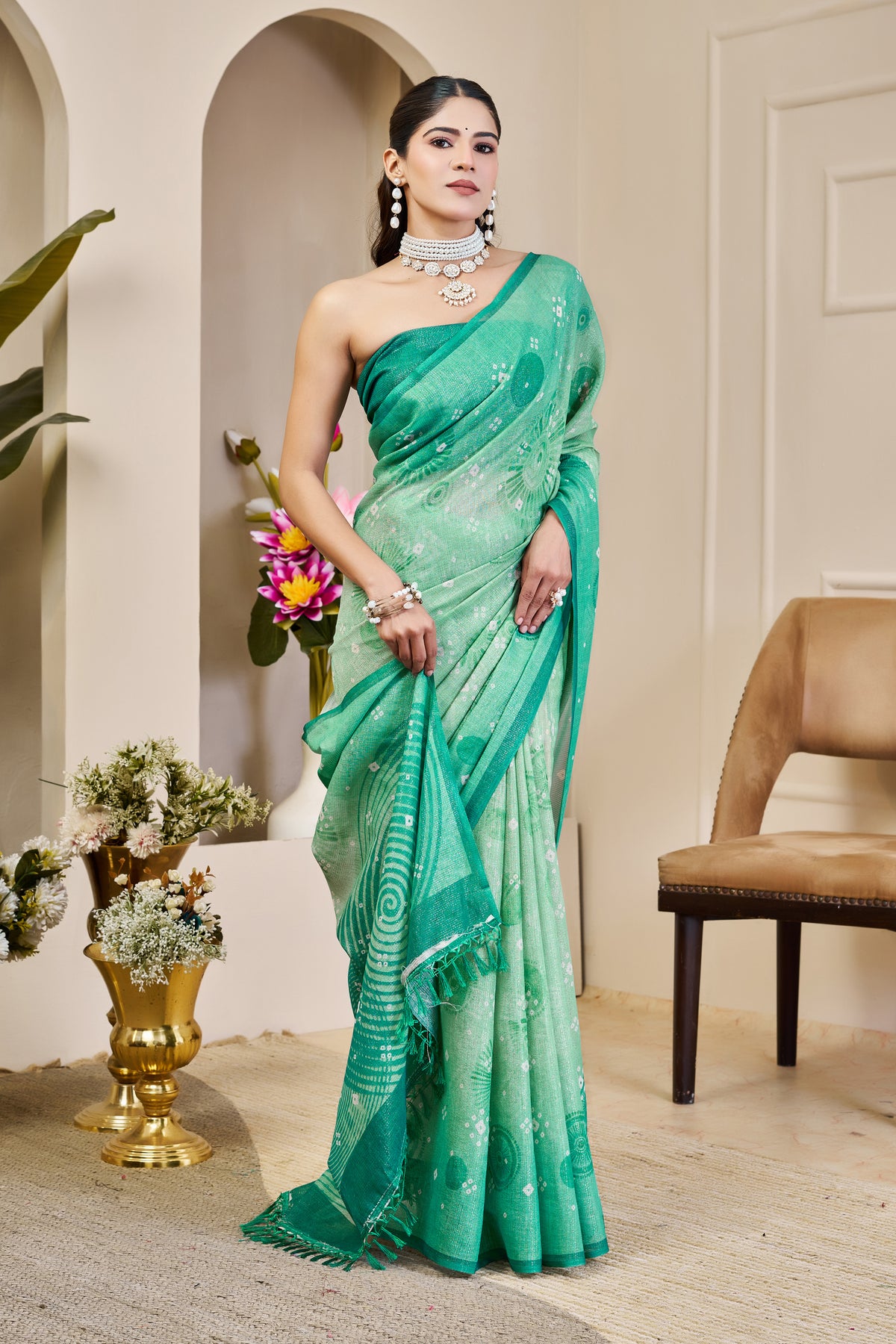 Sea Green Tissue Handloom Cotton Saree With Floral Patterns for Women