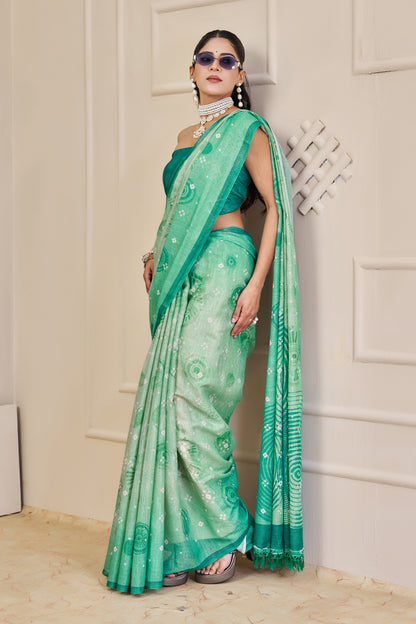Sea Green Tissue Handloom Cotton Saree With Floral Patterns for Women