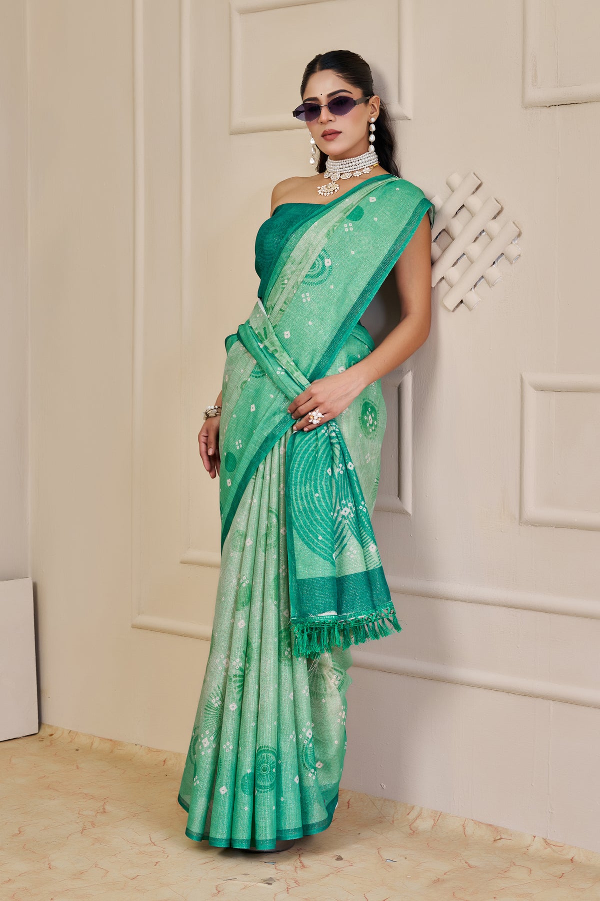 Sea Green Tissue Handloom Cotton Saree With Floral Patterns for Women