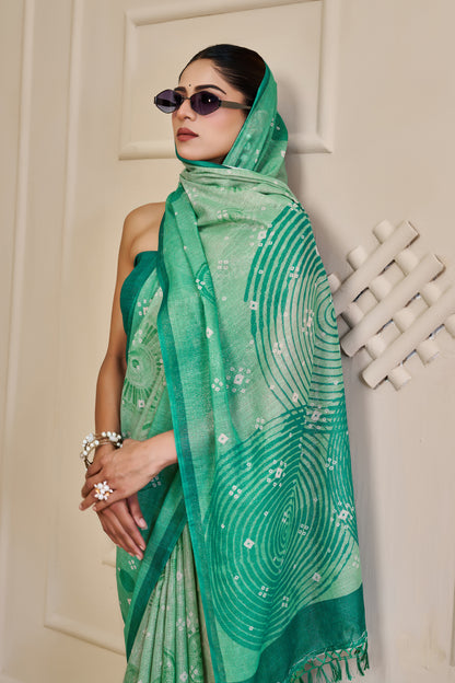 Sea Green Tissue Handloom Cotton Saree With Floral Patterns for Women