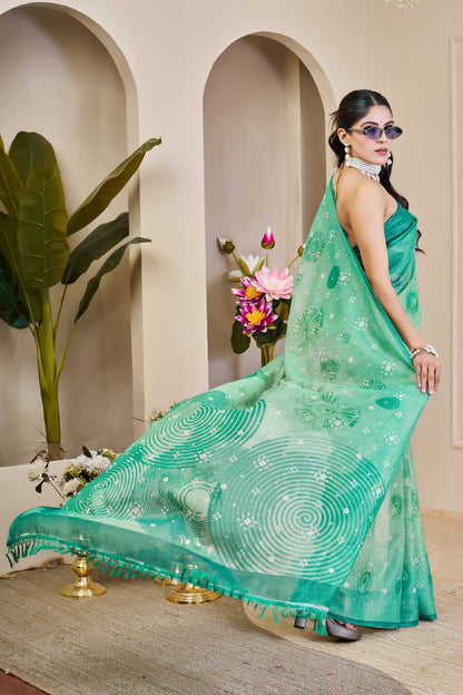 Sea Green Tissue Handloom Cotton Saree With Floral Patterns for Women
