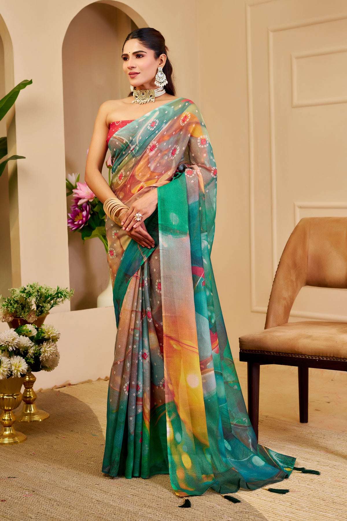 Emerald Green Tissue Cotton Saree With Digital Floral Print for Women