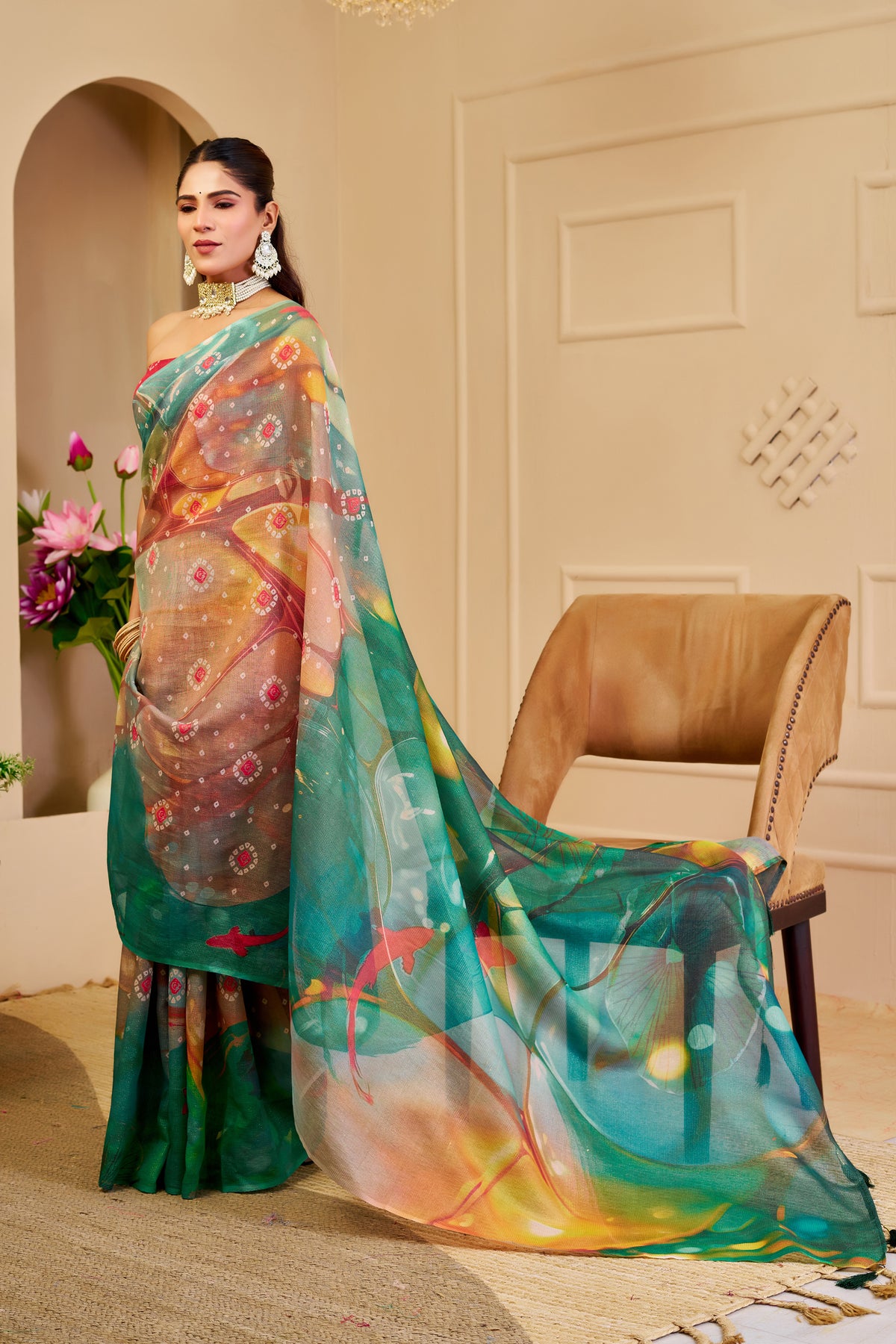 Emerald Green Tissue Cotton Saree With Digital Floral Print for Women