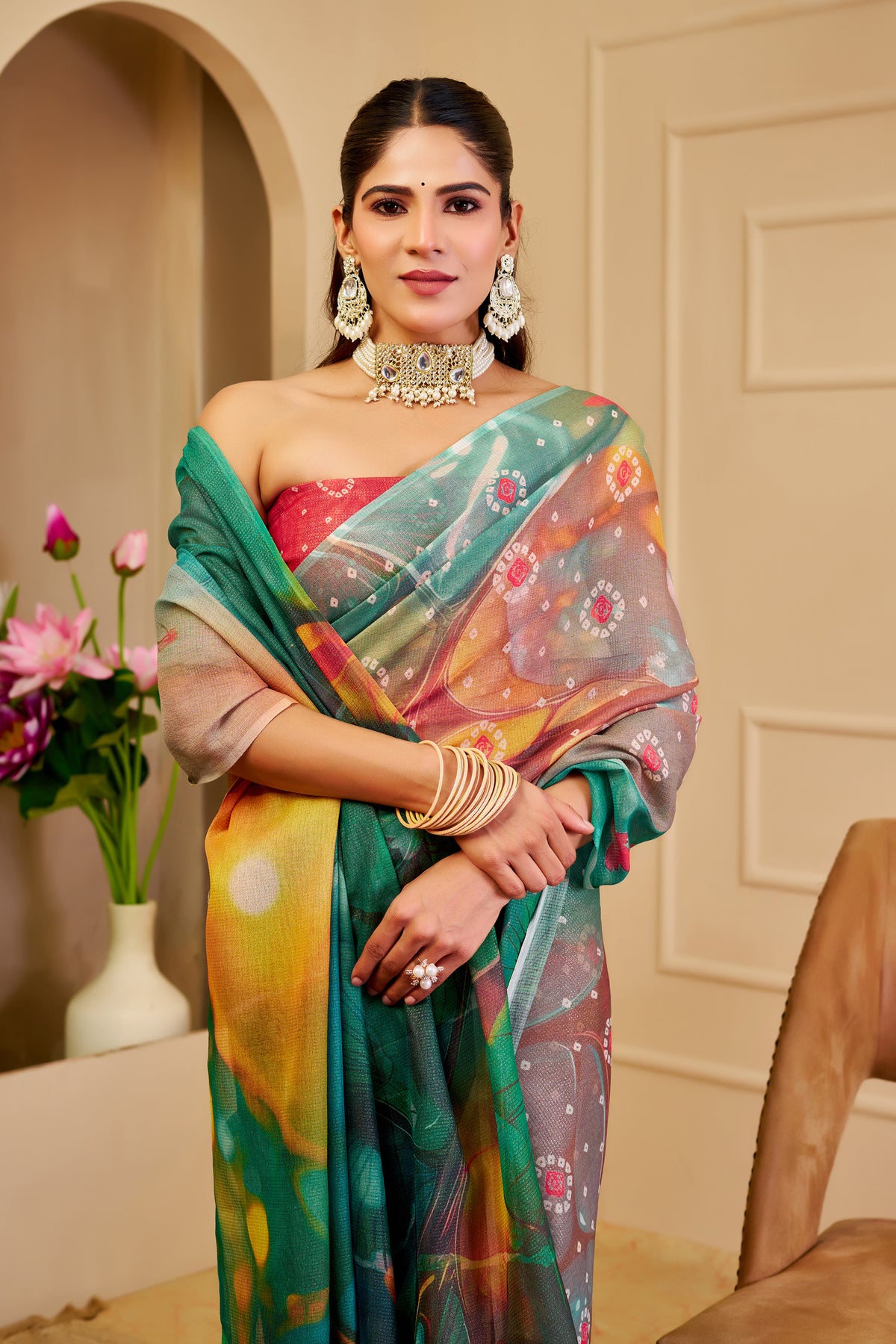 Emerald Green Tissue Cotton Saree With Digital Floral Print for Women