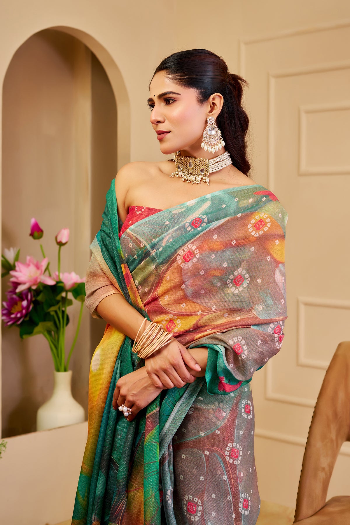 Emerald Green Tissue Cotton Saree With Digital Floral Print for Women