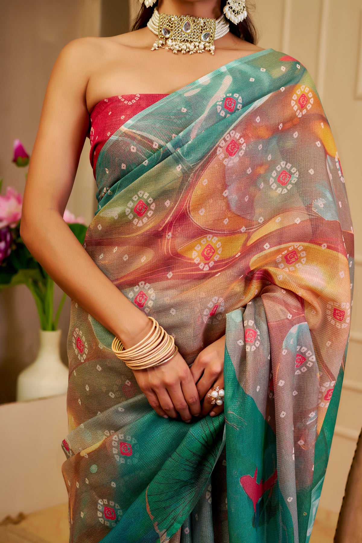 Emerald Green Tissue Cotton Saree With Digital Floral Print for Women