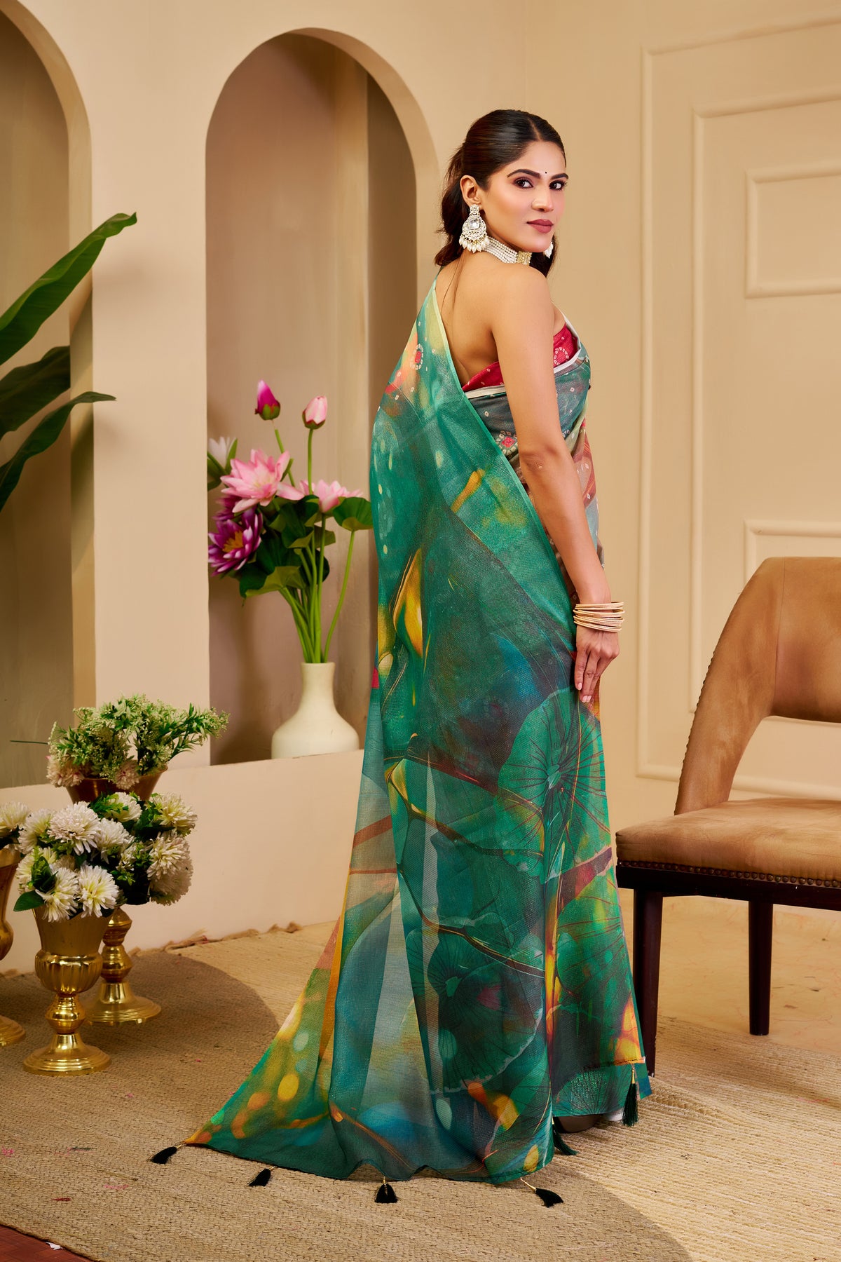 Emerald Green Tissue Cotton Saree With Digital Floral Print for Women