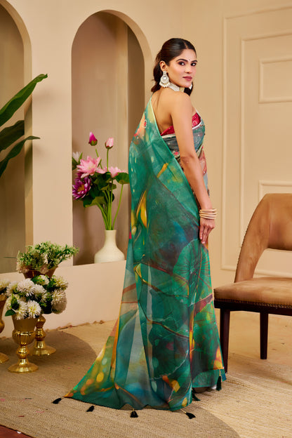 Emerald Green Tissue Cotton Saree With Digital Floral Print for Women
