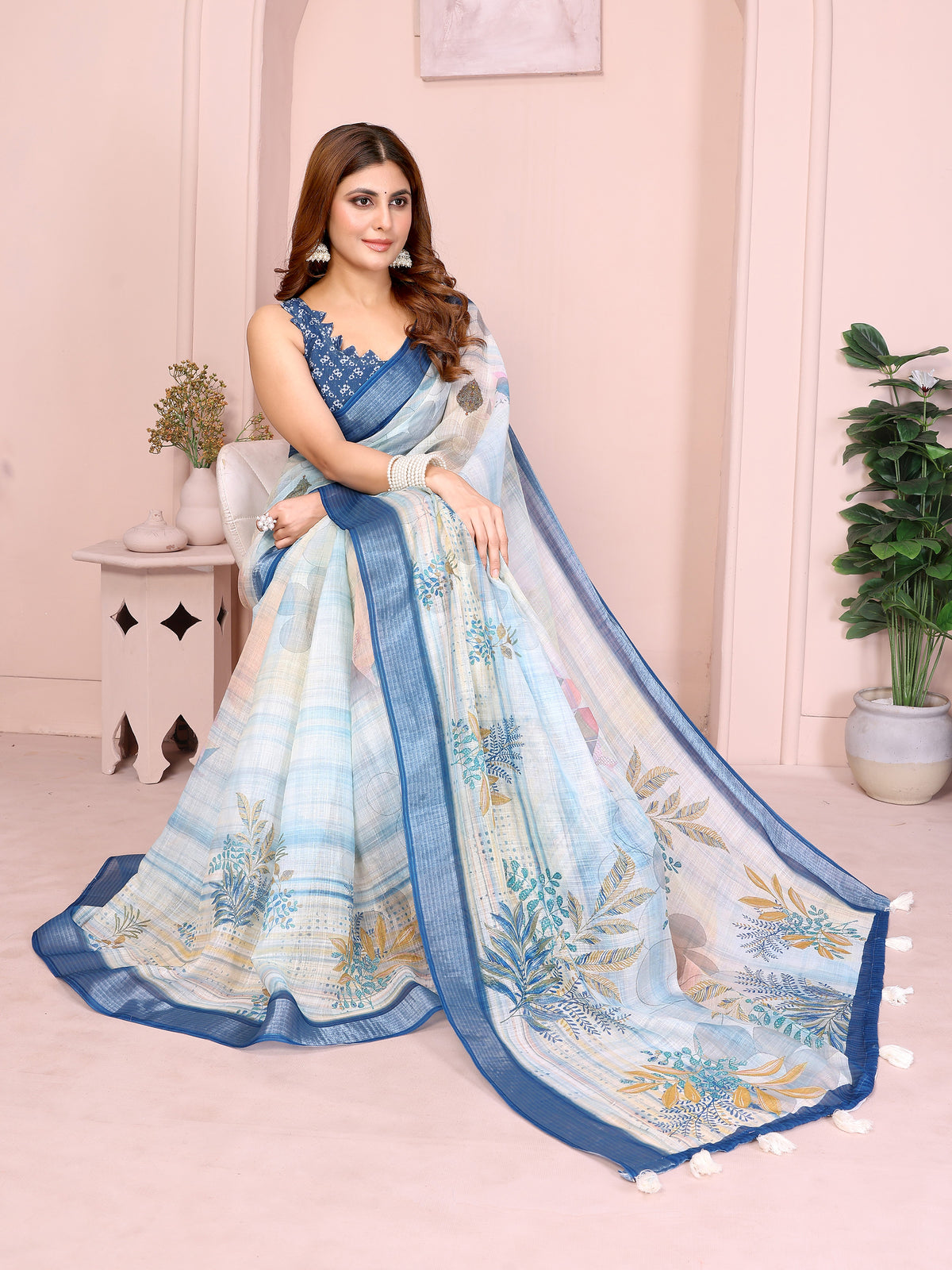 Cream &amp; Blue Floral Linen Cotton Saree with Contrast Border for Women