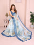 Cream & Blue Floral Linen Cotton Saree with Contrast Border for Women
