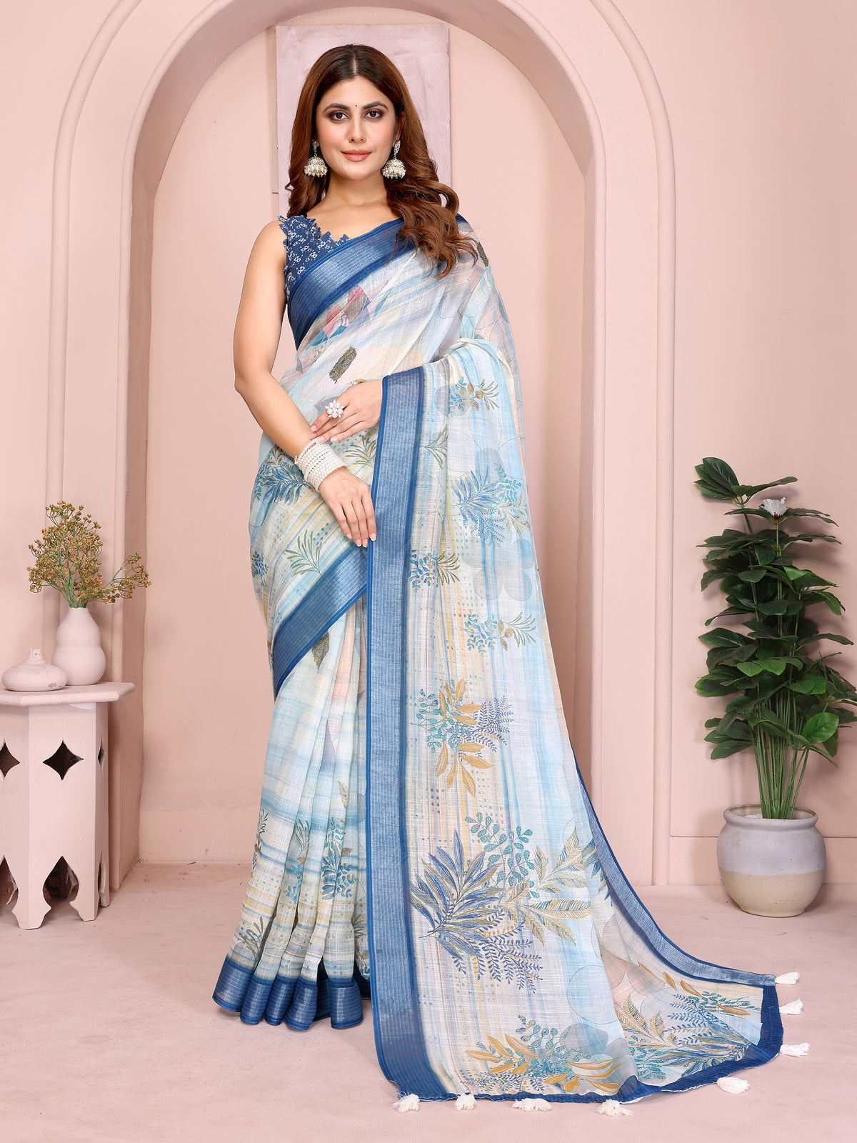 Cream &amp; Blue Floral Linen Cotton Saree with Contrast Border for Women