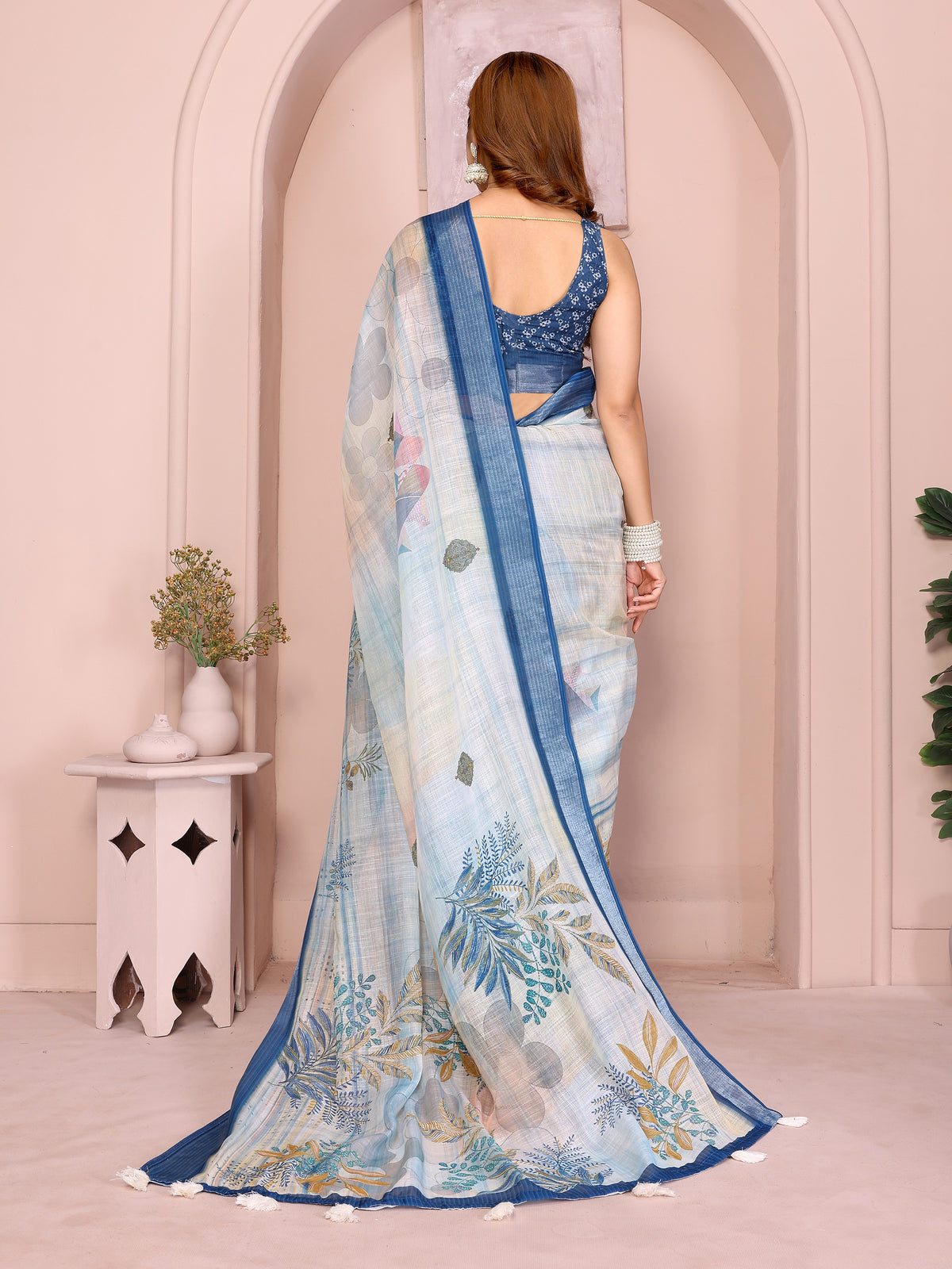 Cream &amp; Blue Floral Linen Cotton Saree with Contrast Border for Women